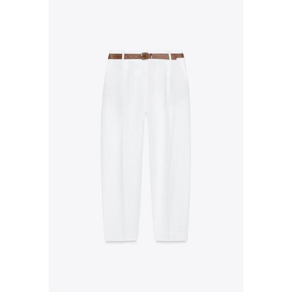 ZARA LINEN BELTED STRAIGHT-LEG TROUSERS - Picture 4 of 5